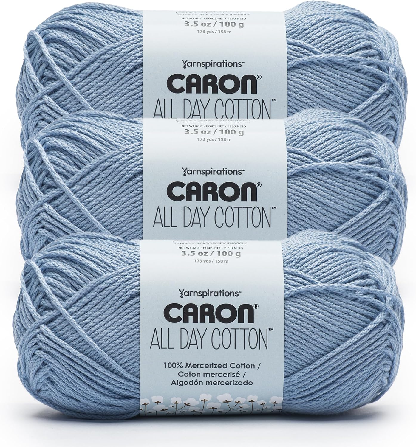 Caron All Day Cotton - 3 Pack of 173 Yards/3.52 oz Eyes Blue 100% Mercerized Cotton Yarn