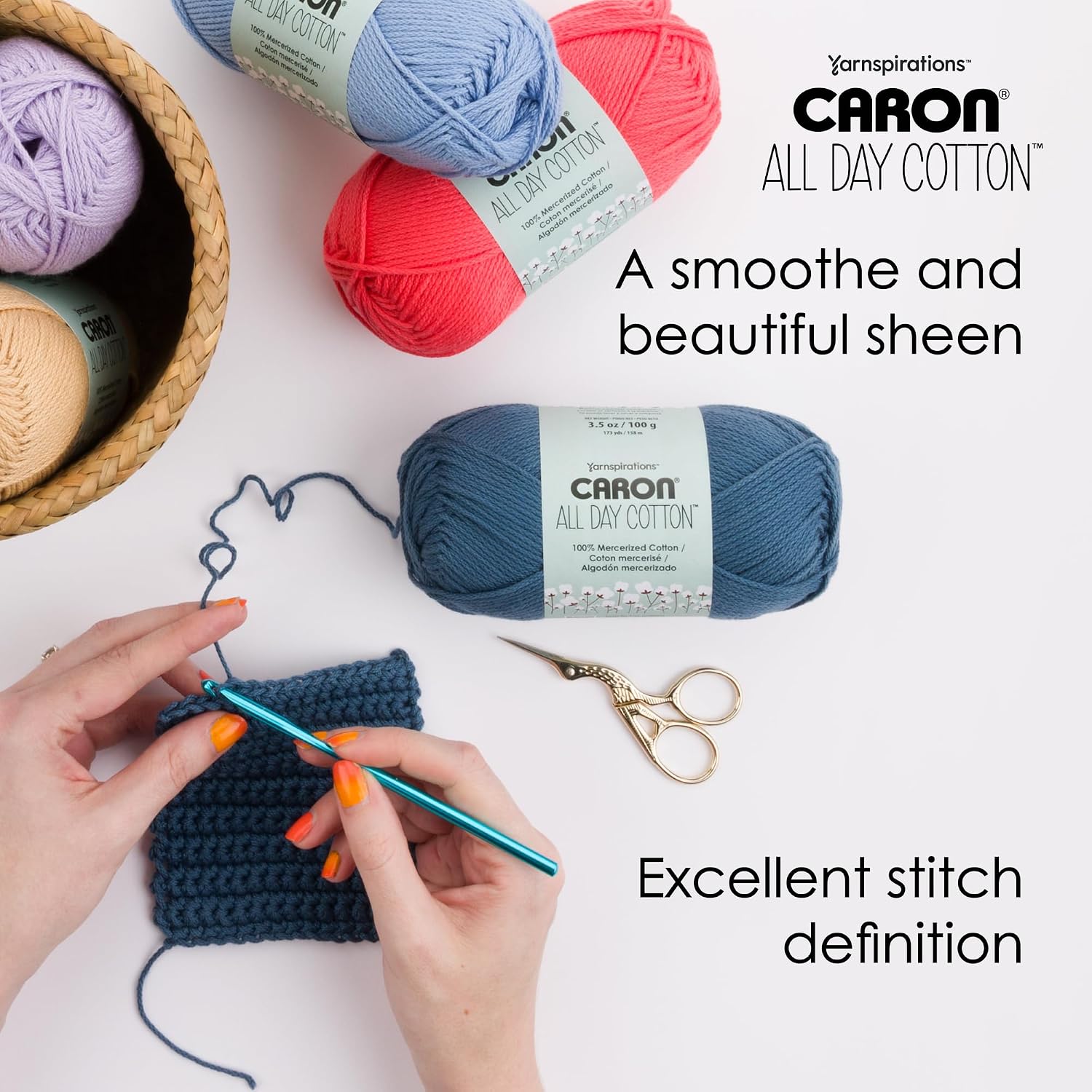 Caron All Day Cotton - 3 Pack of 173 Yards/3.52 oz Eyes Blue 100% Mercerized Cotton Yarn - Image 5