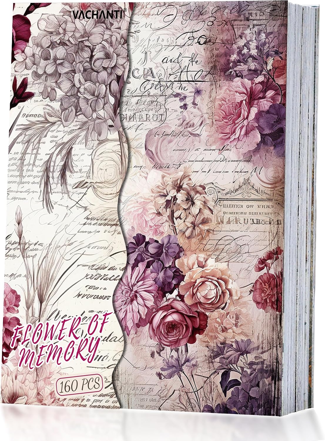 160 Sheets Vintage Flower Scrapbook Paper. Junk Journal Supplies. Purple Pink Flowers with Cursive Script No Repeating Perfect for Junk Journal DIY Cards Craft Albums Scrapbooking Supplies (Purple)