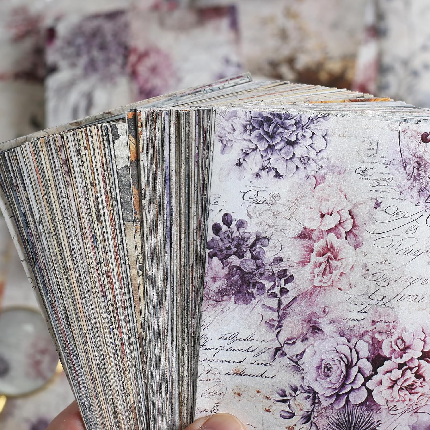 160 Sheets Vintage Flower Scrapbook Paper. Junk Journal Supplies. Purple Pink Flowers with Cursive Script No Repeating Perfect for Junk Journal DIY Cards Craft Albums Scrapbooking Supplies (Purple) - Image 6